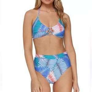 Raisins Costa Strappy Top High Waisted Bottom Bikini Set Palm Blue size s NWT